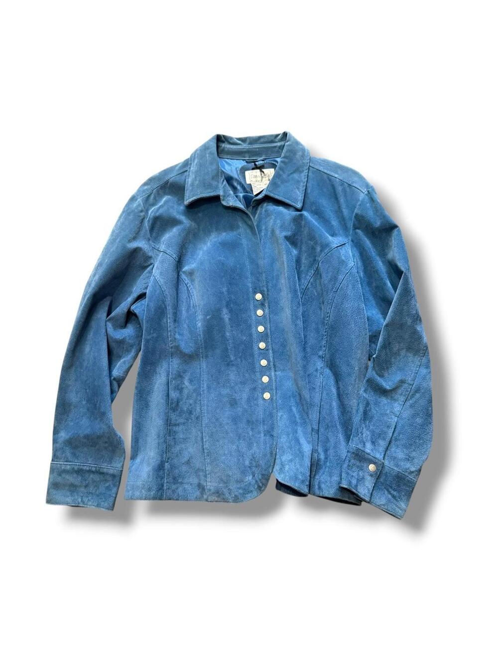 Y2K Blue Suede Leather Snap Button Jacket